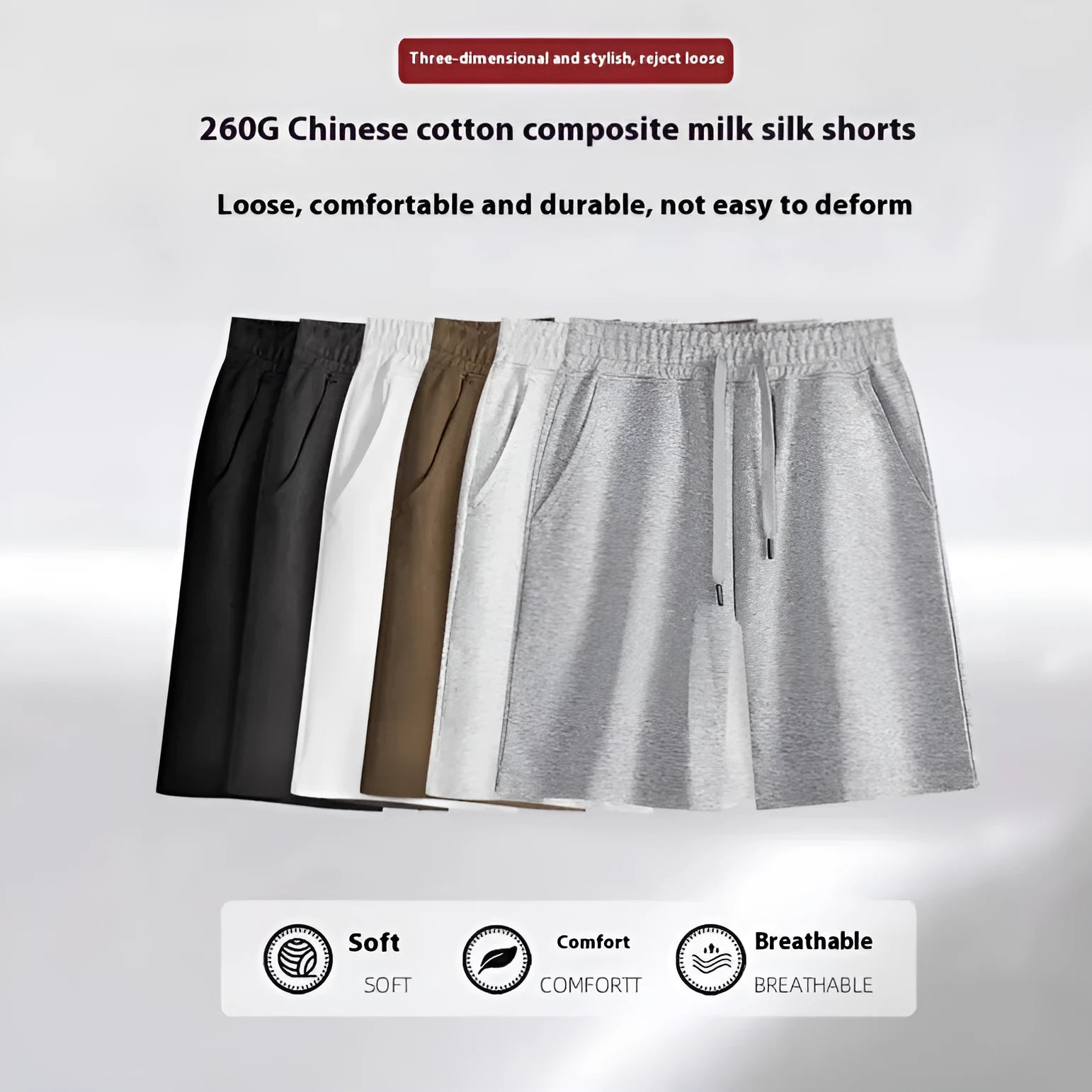 Cotton straight-leg summer shorts in light grey colour showing micro-elastic fabric texture
