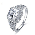 Platinum geometric zircon ring with hollow quadrilateral design on copper base