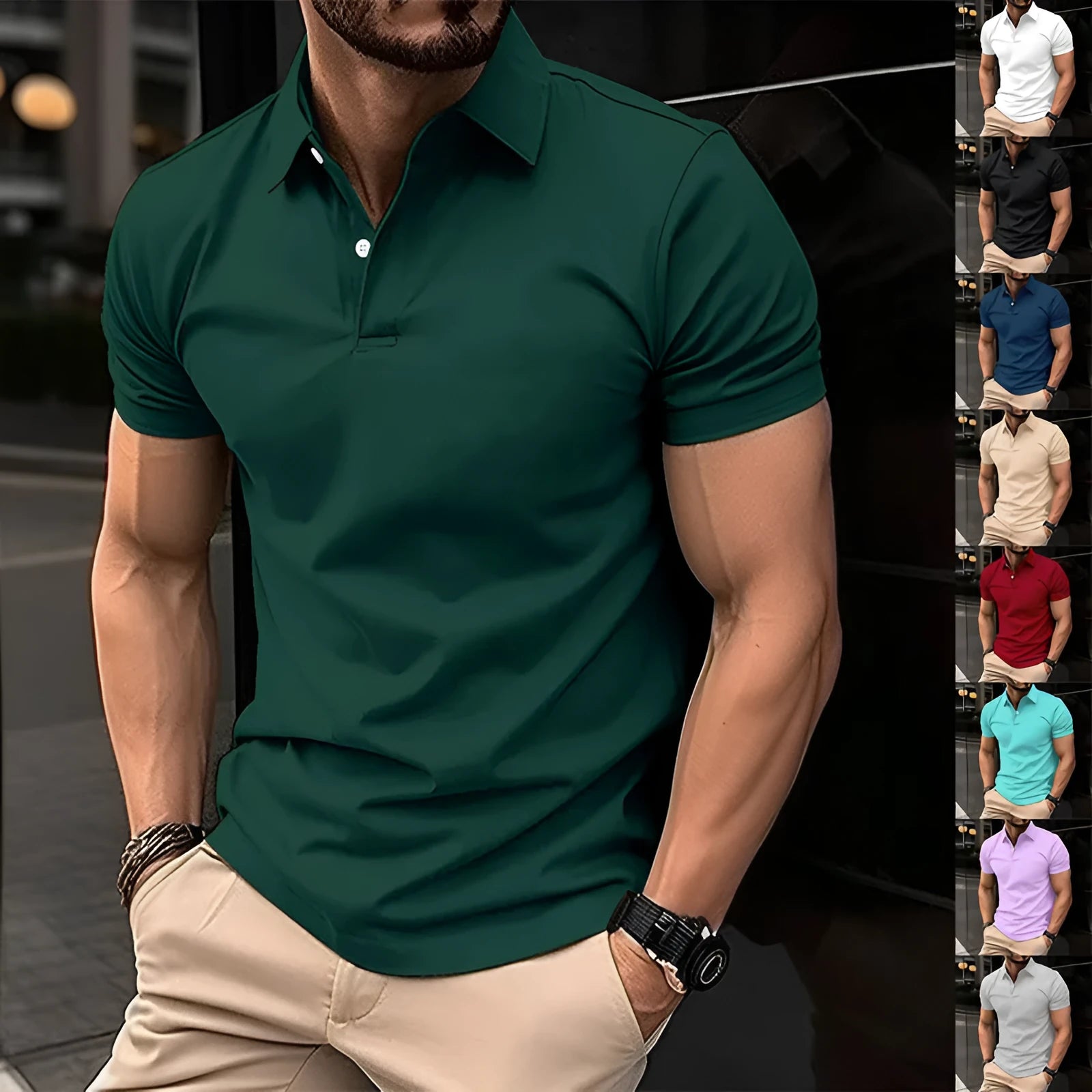 Men's solid colour polo shirt with short sleeves and button lapel in cotton blend fabric