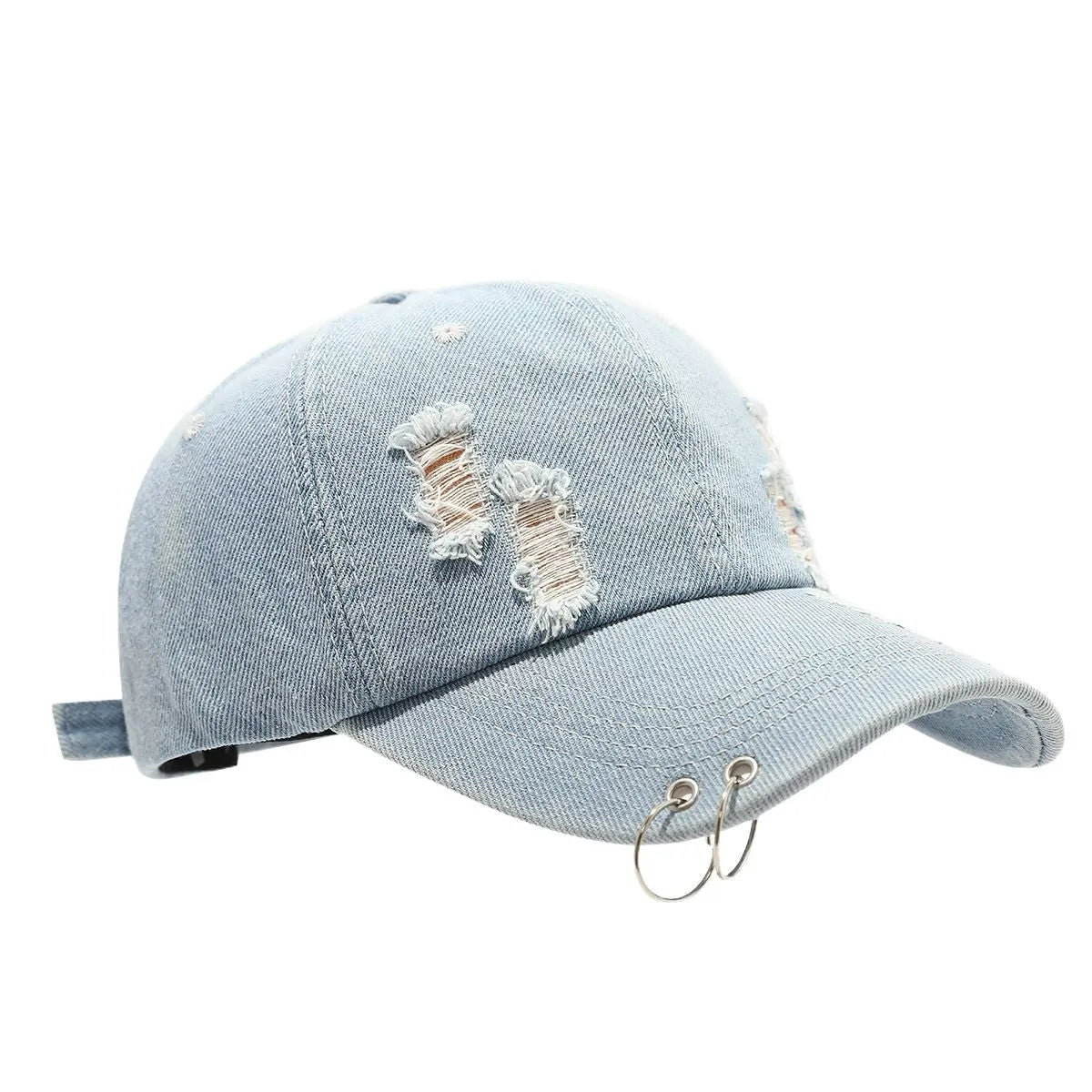 Men's adjustable denim peaked cap in black, white and light blue jeans colours with dome crown