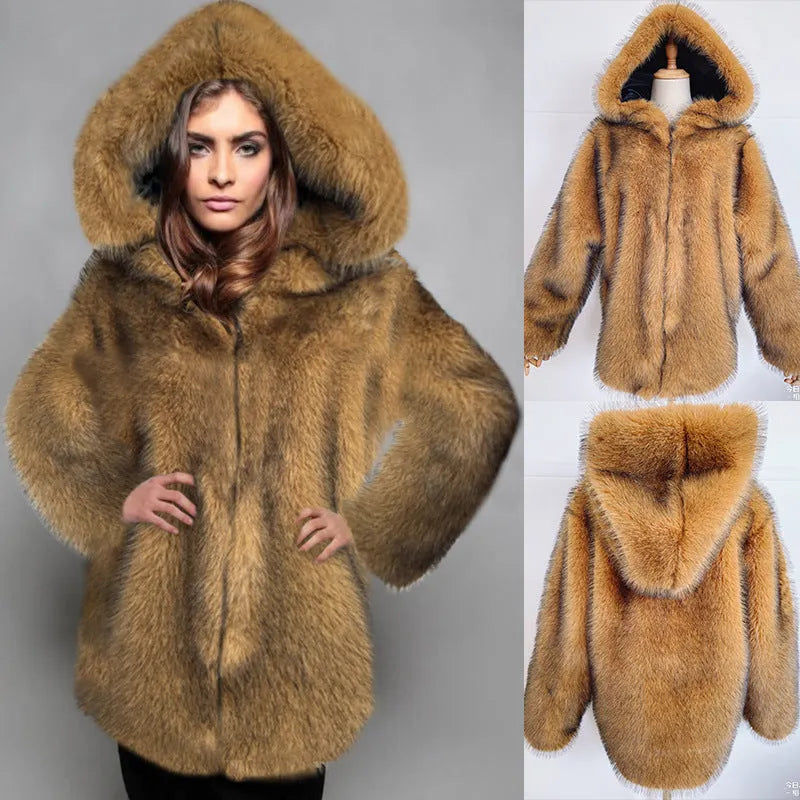 Women's silver grey artificial fur coat with loose fit and regular sleeves