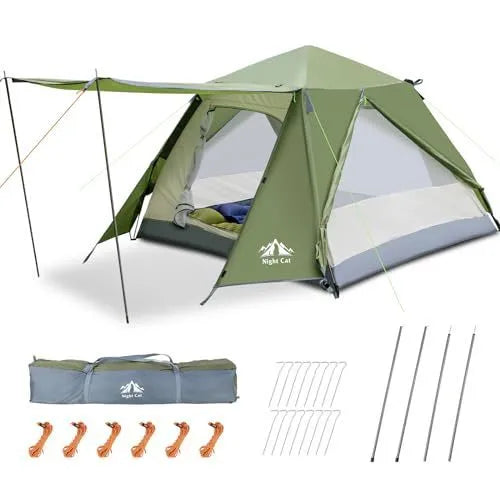 Dark green instant pop-up camping tent for two people with automatic setup.
