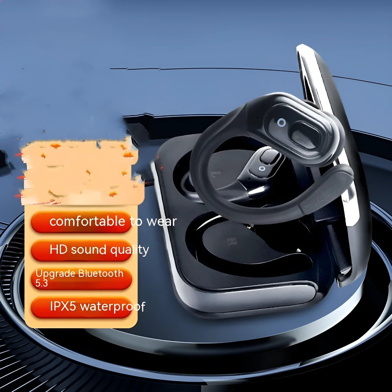 Black wireless Bluetooth ear hook headset with smart noise reduction and Type C charging case