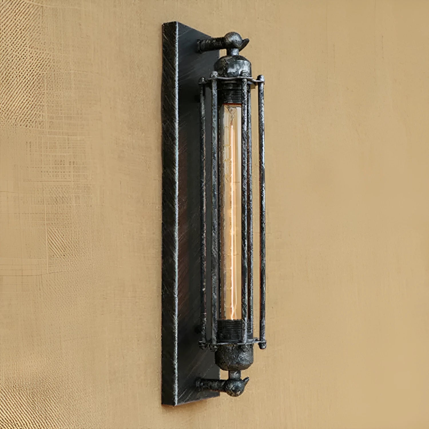 Industrial style retro flute wall lamp in iron with black, bronze, rust, and silver finish options.