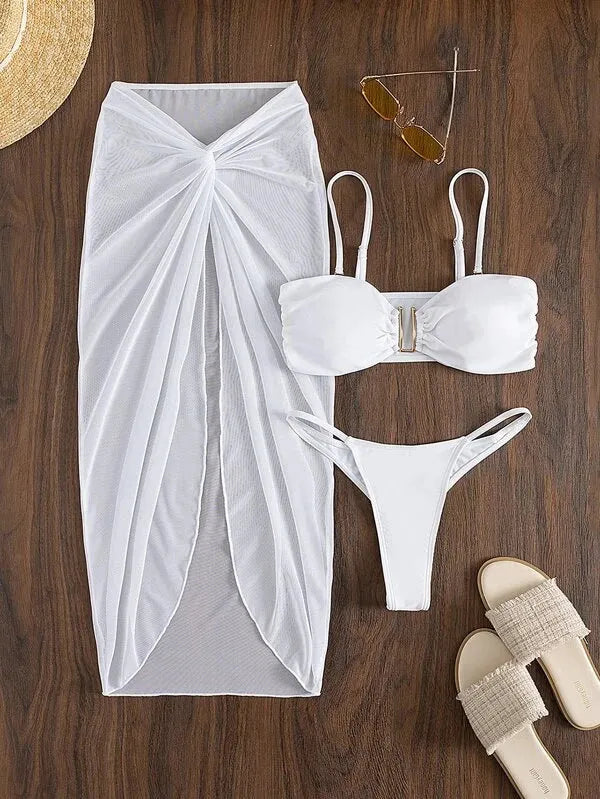 Women's French style three-piece bikini set with long culottes skirt in solid colour
