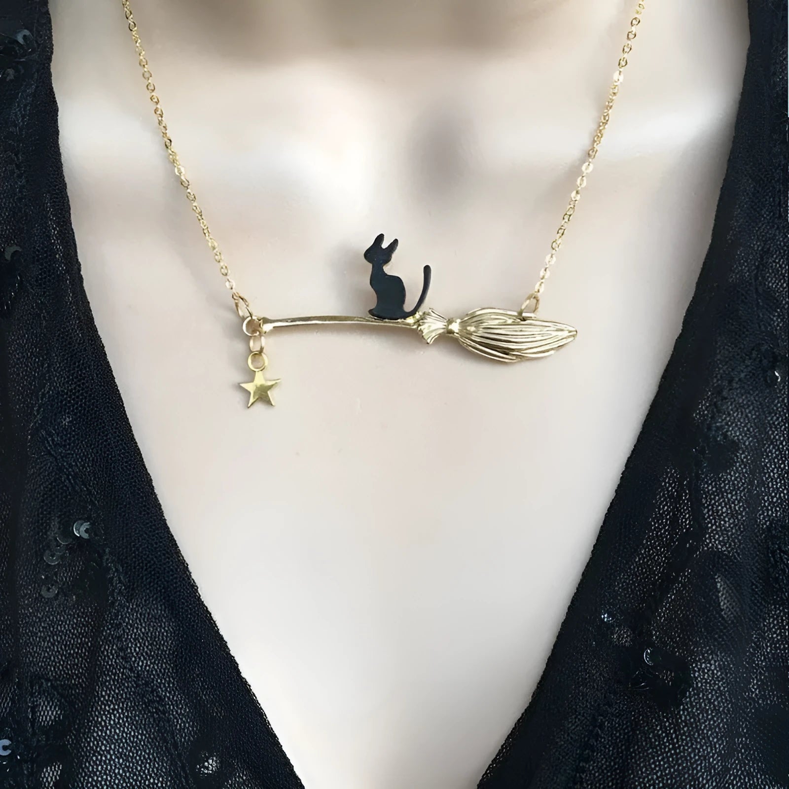 Black cat zodiac alloy necklace pendant in gold or silver Halloween jewellery