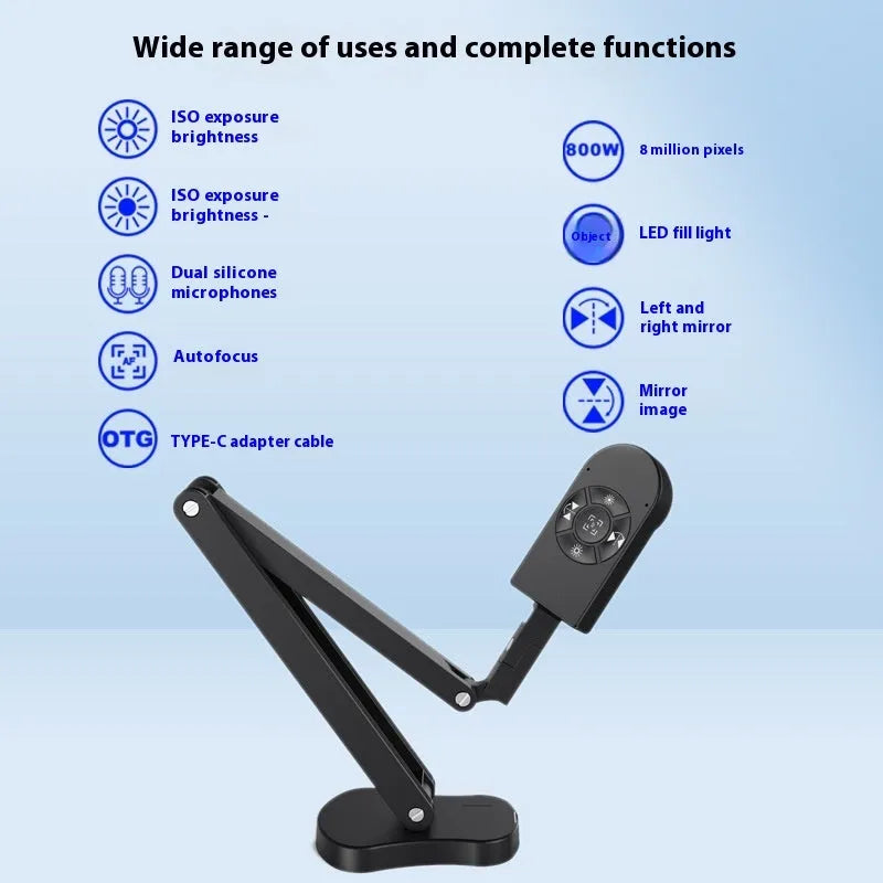 USB webcam with microphone for computer video calls, showing auto focus lens and cable connection