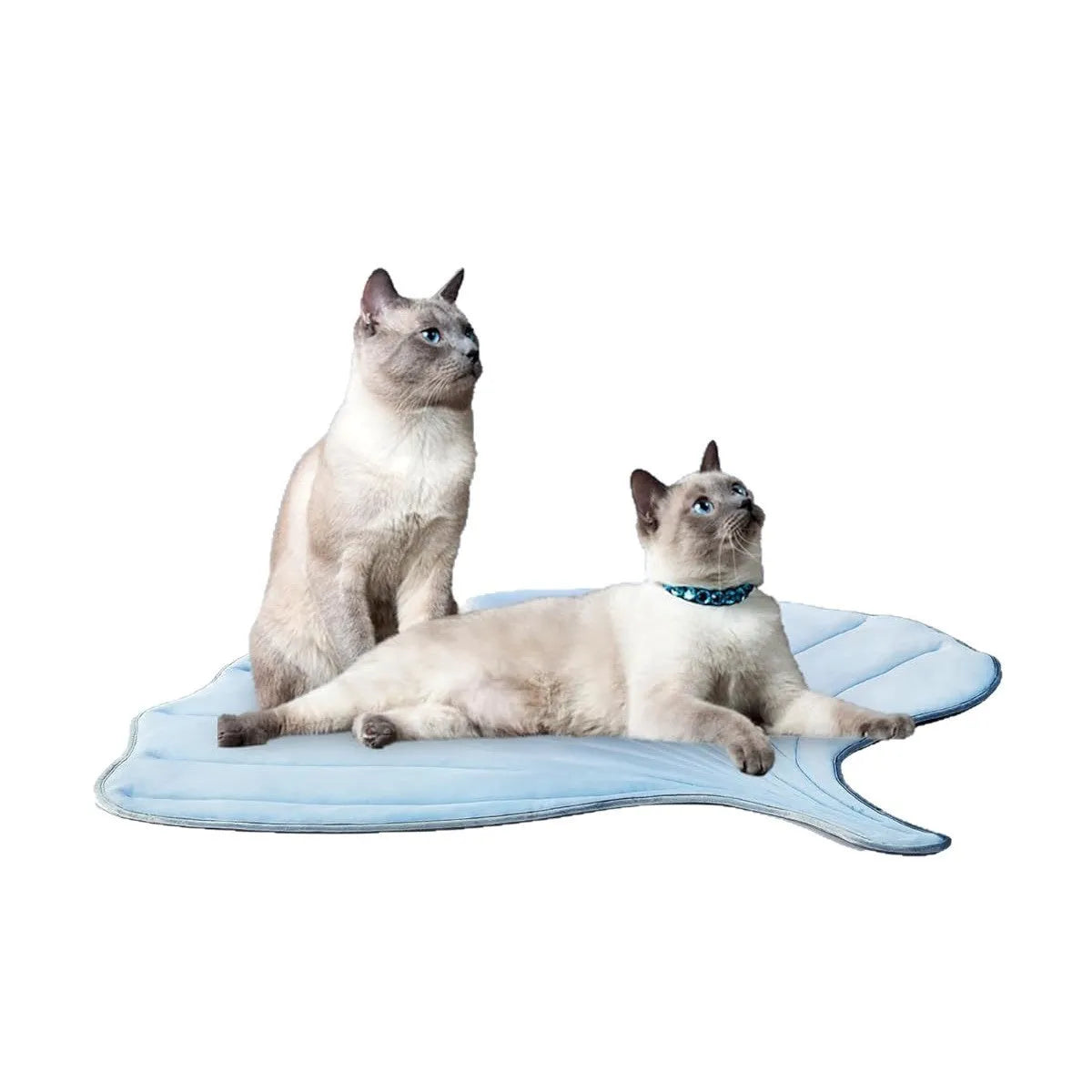 Summer cat cooling mat with ginkgo leaf shape in light blue on floor