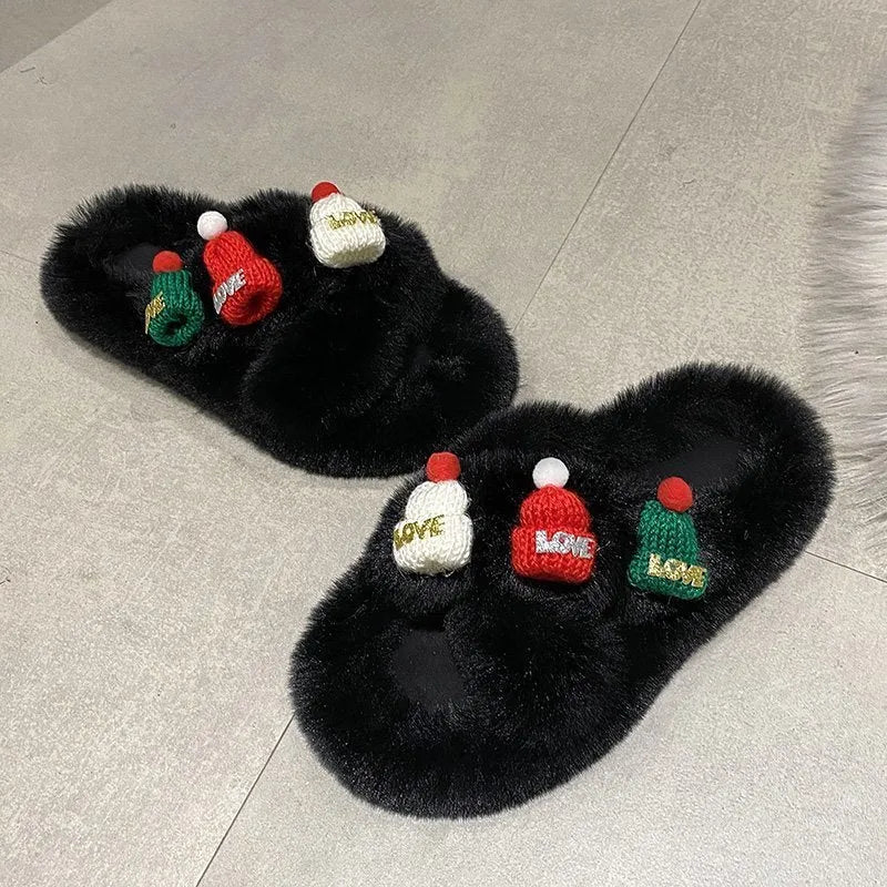 Adult Christmas hat decoration slippers in faux plush with rubber sole.