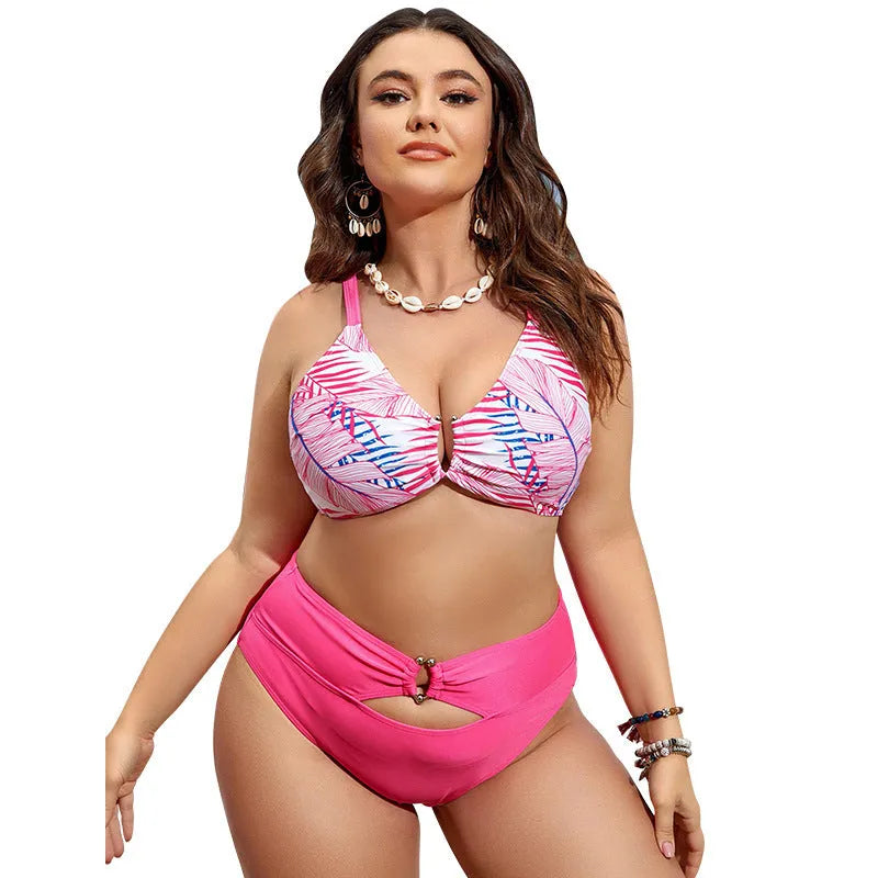Plus size vintage floral bikini swimsuit in pink with adjustable straps
