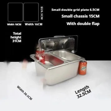 Stainless steel commercial dining plate display box with a removable lid and multiple inner compartments.