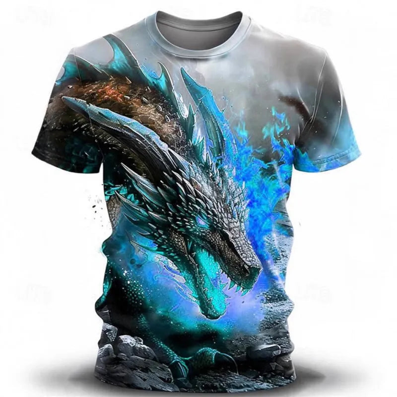 Men's grey T-shirt with a detailed 3D wind dragon graphic print on the chest.