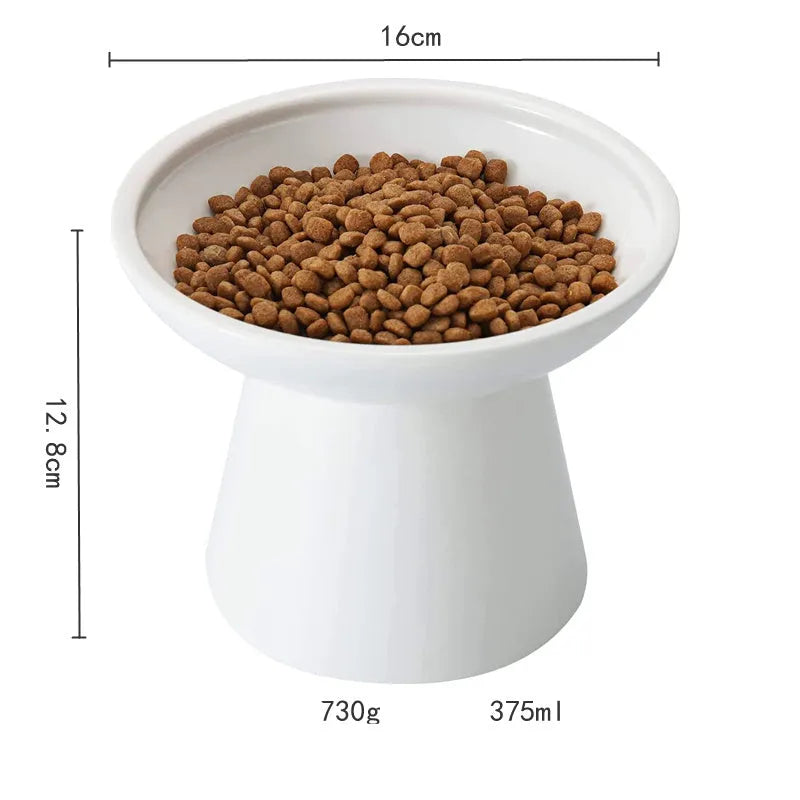 Extra wide elevated ceramic cat food bowl in blue green pink or white with shallow 16cm dish for whisker fatigue relief