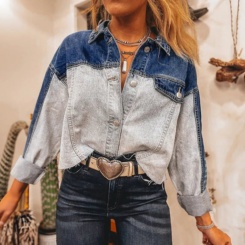 Women's loose-fit denim coat with multi-buckle front closure in cotton fabric