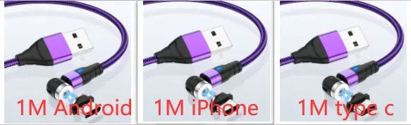 Magnetic charging cable with LED light indicator in various colours showing magnetic connection heads