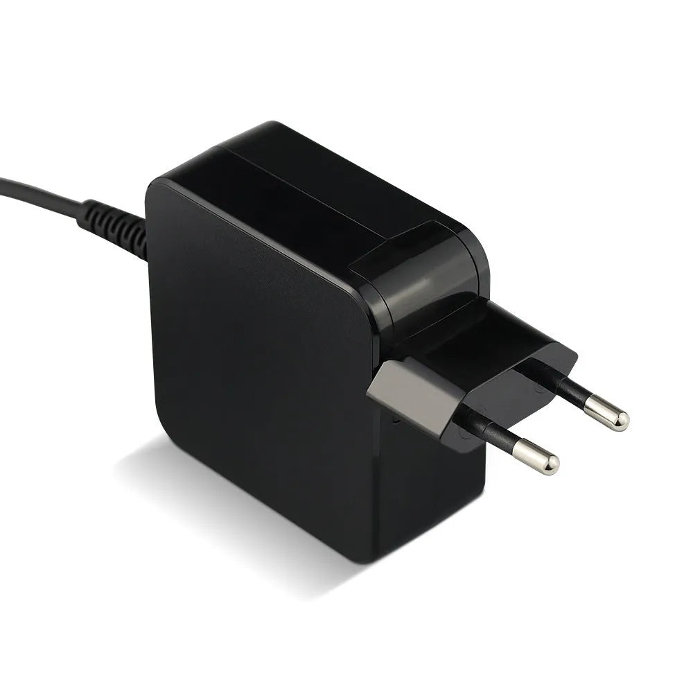 Black 45W laptop power adapter with US plug for HP laptops showing dimensions