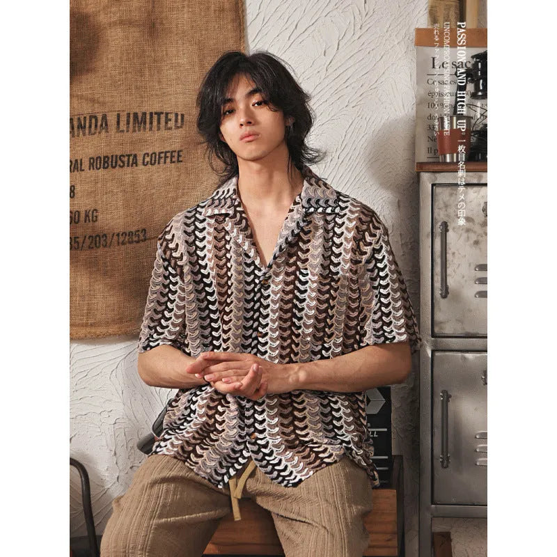 Japanese style Cuban collar short sleeve shirt with hollow jacquard pattern in grey colour
