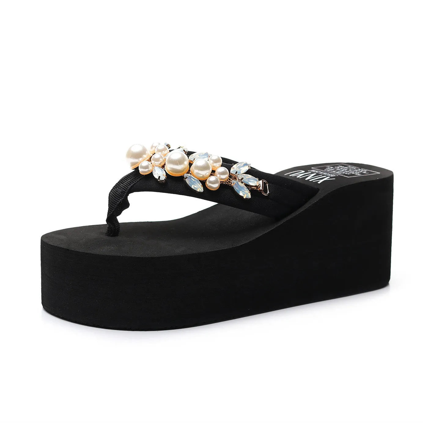 Women's high-heeled flip-flop sandals with cotton cloth upper in beige colour