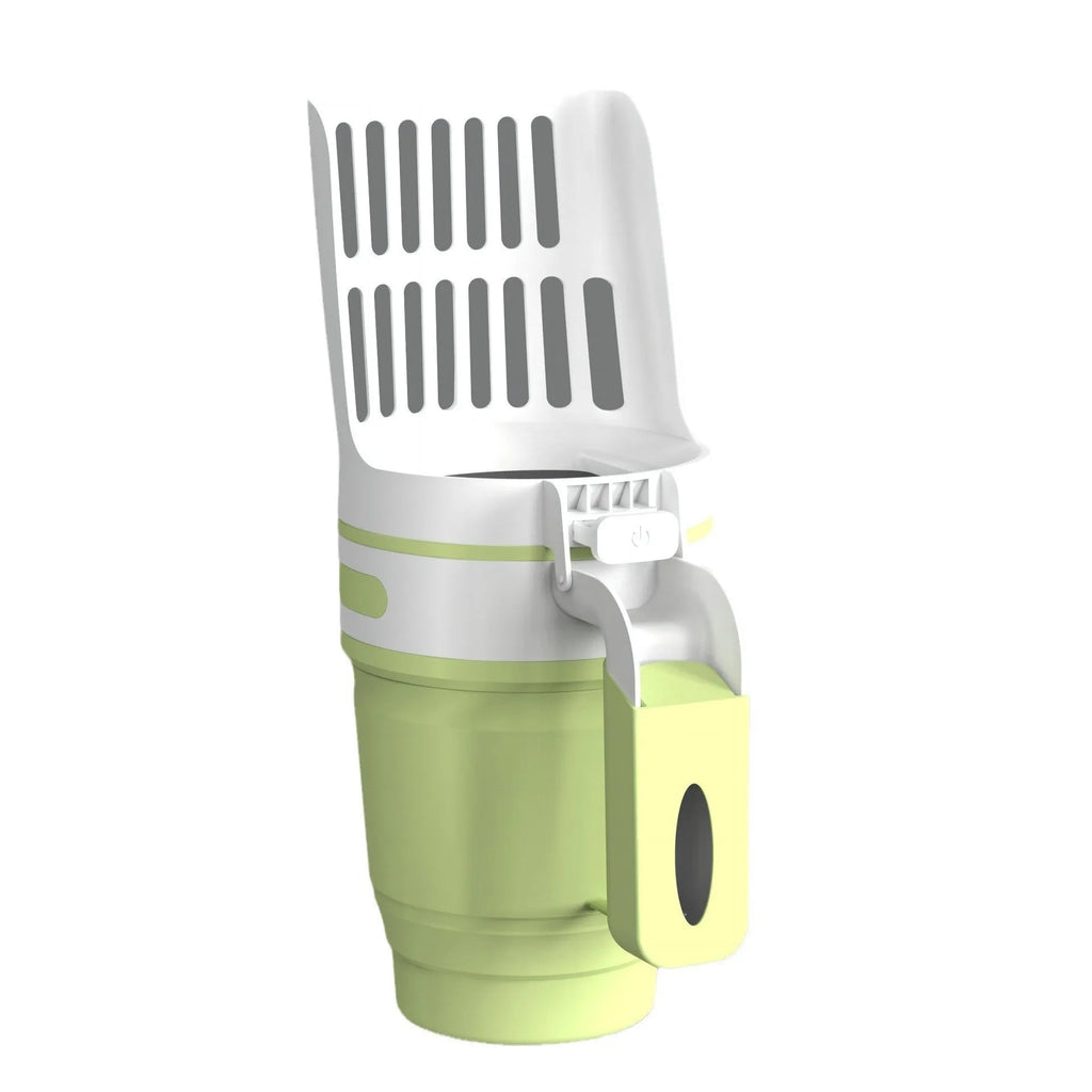 Grey cat litter scoop with attached waste collection bin showing foldable bottom design