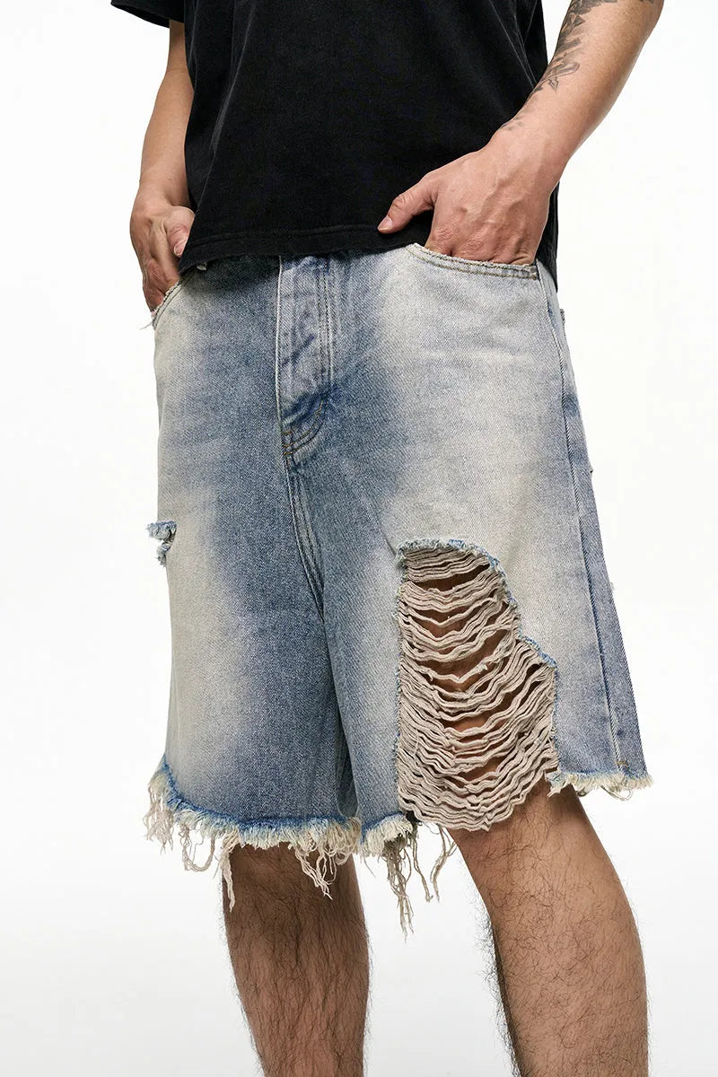 Light blue retro washed men's baggy denim shorts with a wide-leg cut and mid-waist.