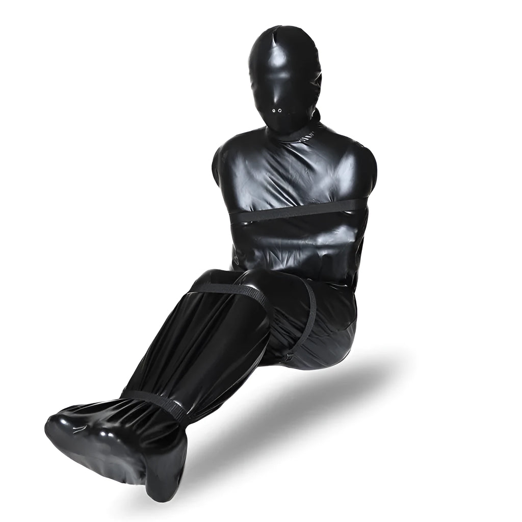 Black patent leather bondage restraint kit with body wrap and six ratchet tie-down straps laid out.