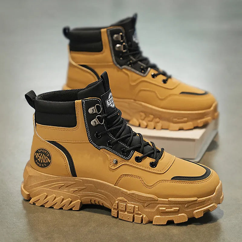 Men's black Martin work boots with mid heel and artificial PU upper material