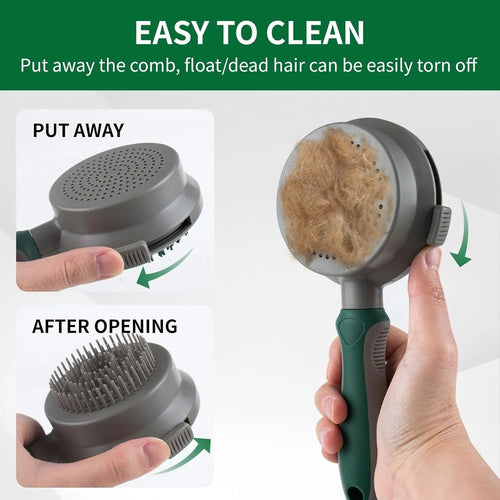 Green and pink 2-in-1 silicone pet grooming brush showing slicker brush side and massage side