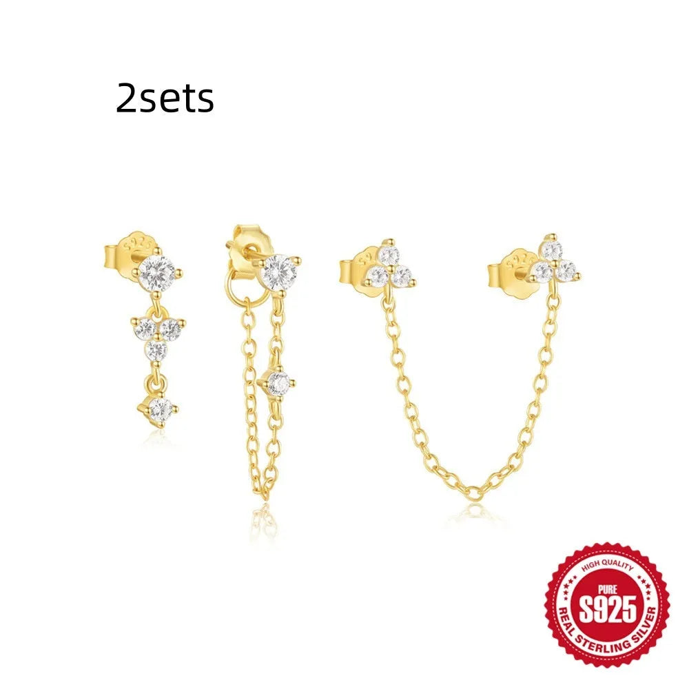S925 sterling silver geometric zircon tassel earring set with three pairs in gold tone colours