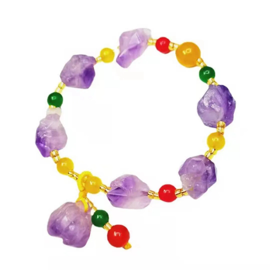 Women's natural style amethyst bead bracelet with a decorative fu character.