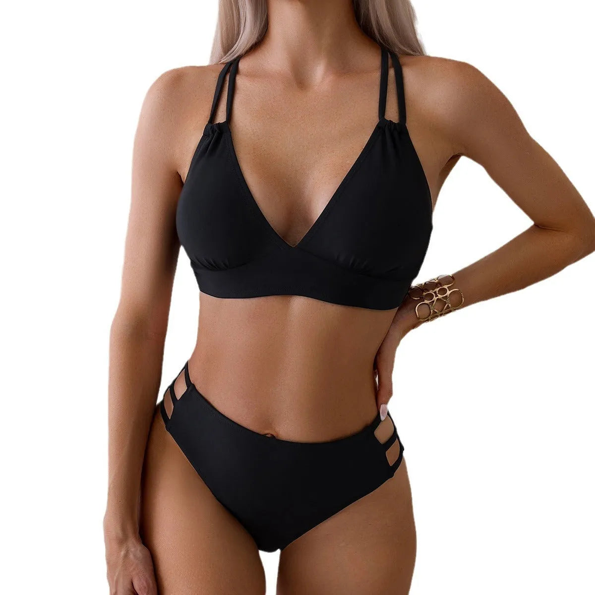 Women's V-neck halter bikini with split shorts in nylon fabric, available in six colours