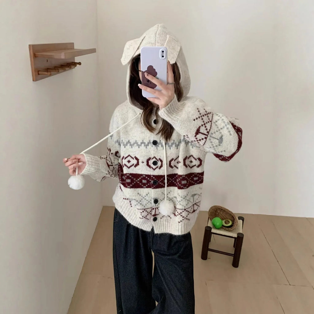 Geometric patterned brocade sweater coat in beige or grey for women's plus size casual wear