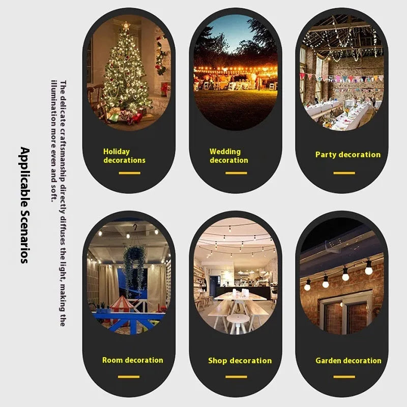 Outdoor waterproof decorative string lights with transparent meteor bags and A60 bulbs for garden and wedding scenes