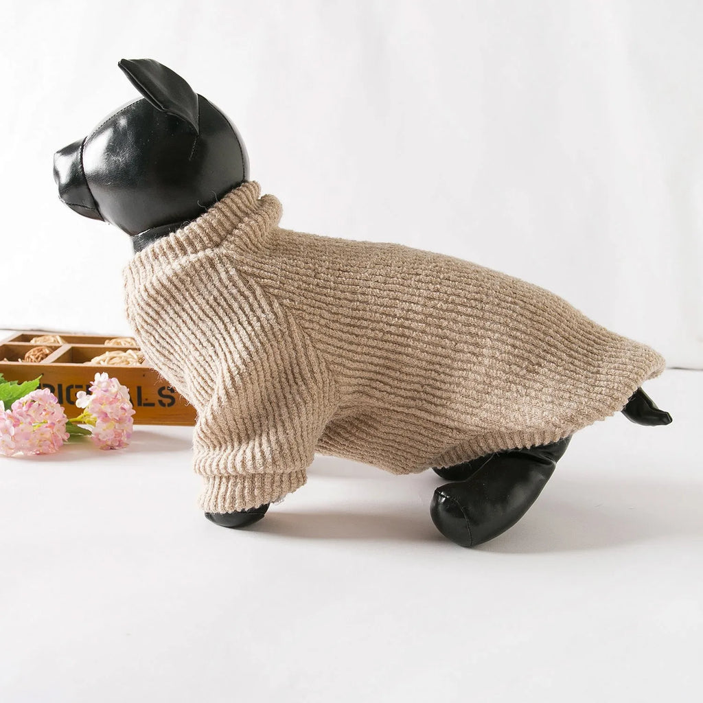 Brown cloth sweater pullover for small dog breeds on mannequin showing casual style pet clothing