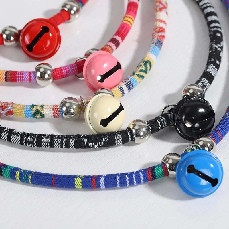 Coloured ethnic pattern adjustable pet collar with a bell for dogs and cats in multiple colours
