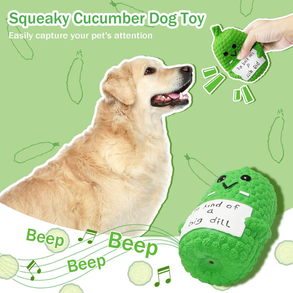 Green pickle-shaped latex dog chew toy with textured surface and squeaker.