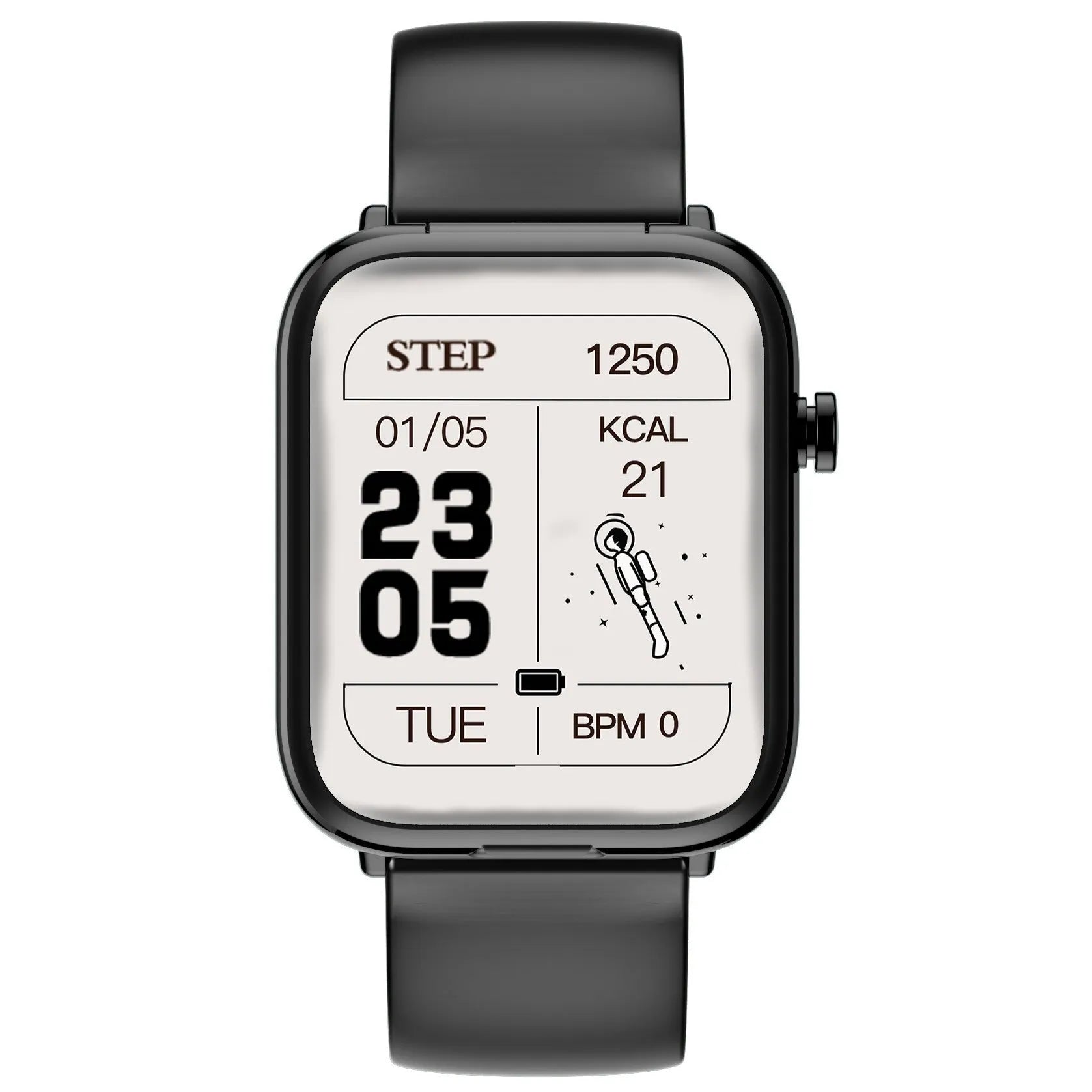 Black smartwatch with 1.69-inch screen and integrated Bluetooth headset stored in charging case.