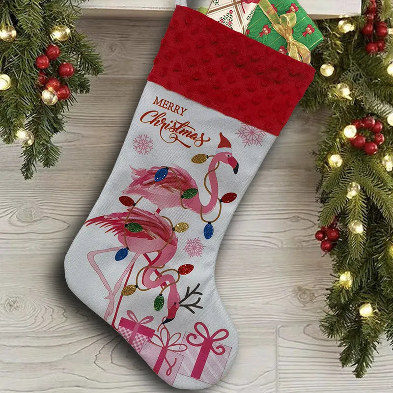 Flamingo Christmas stocking decoration in cloth fabric measuring 46cm by 28cm