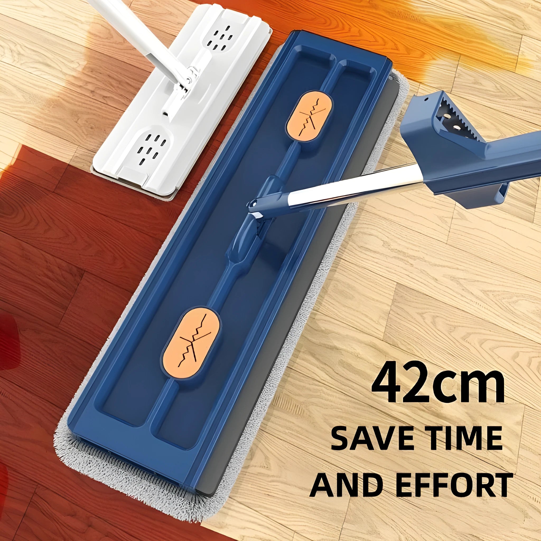 Large flat mop with long stainless steel handle and blue cleaning cloth on hard floor