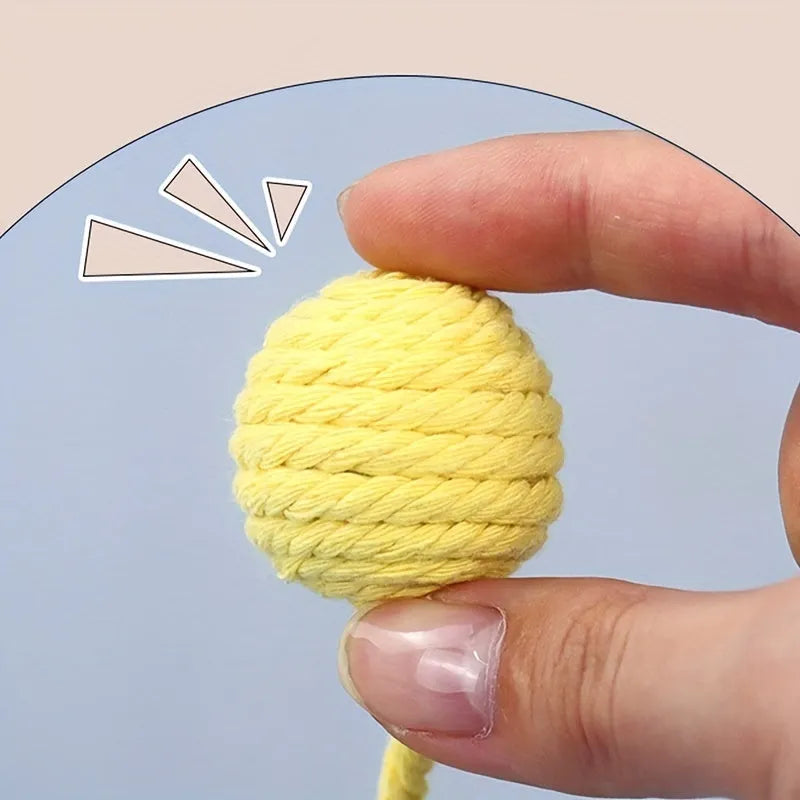 Interactive cat toy ball with rope attachment and built-in bell in green, pink, purple and yellow colours