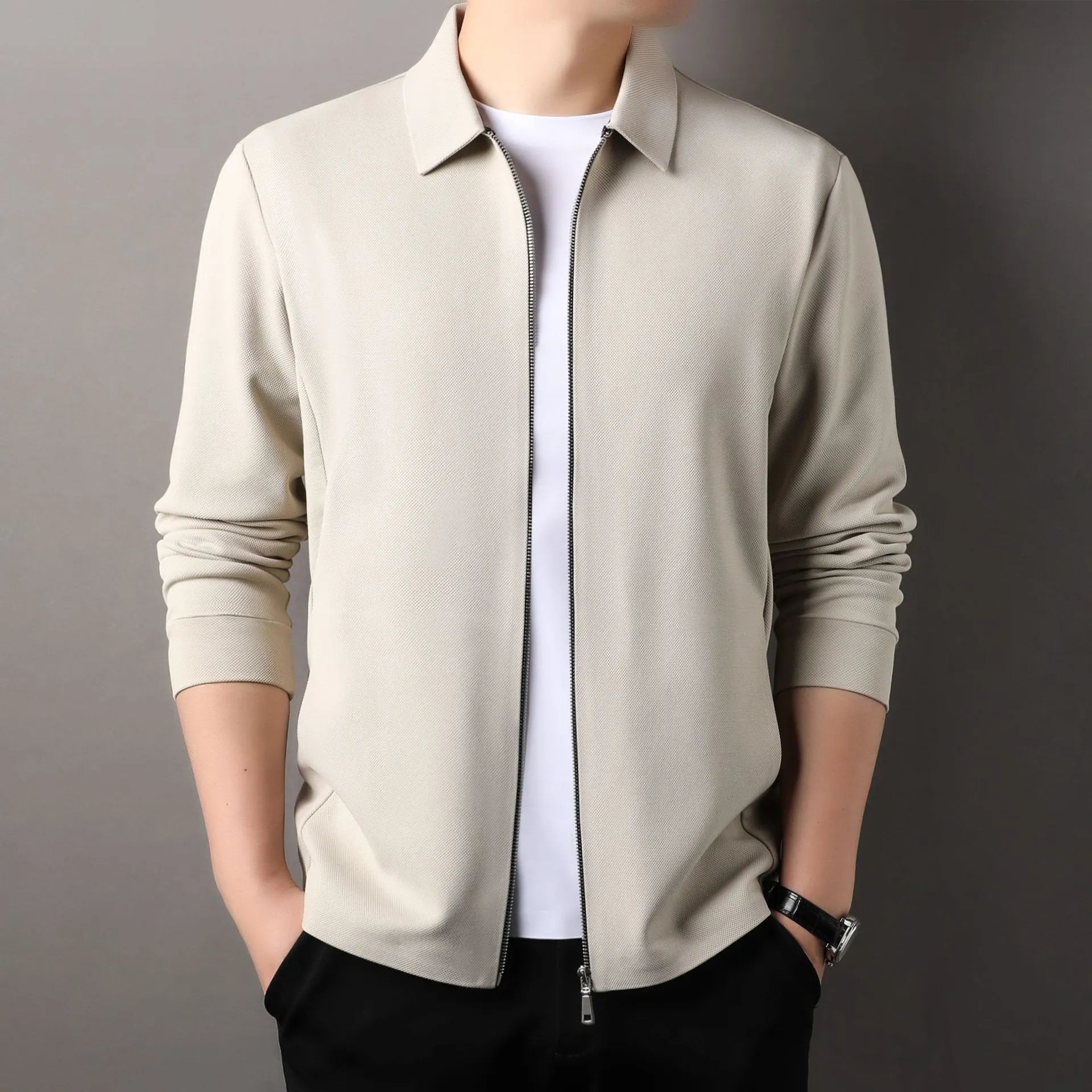 Men's polyester casual business jacket in apricot, black, or dark grey with long sleeves and straight hem.