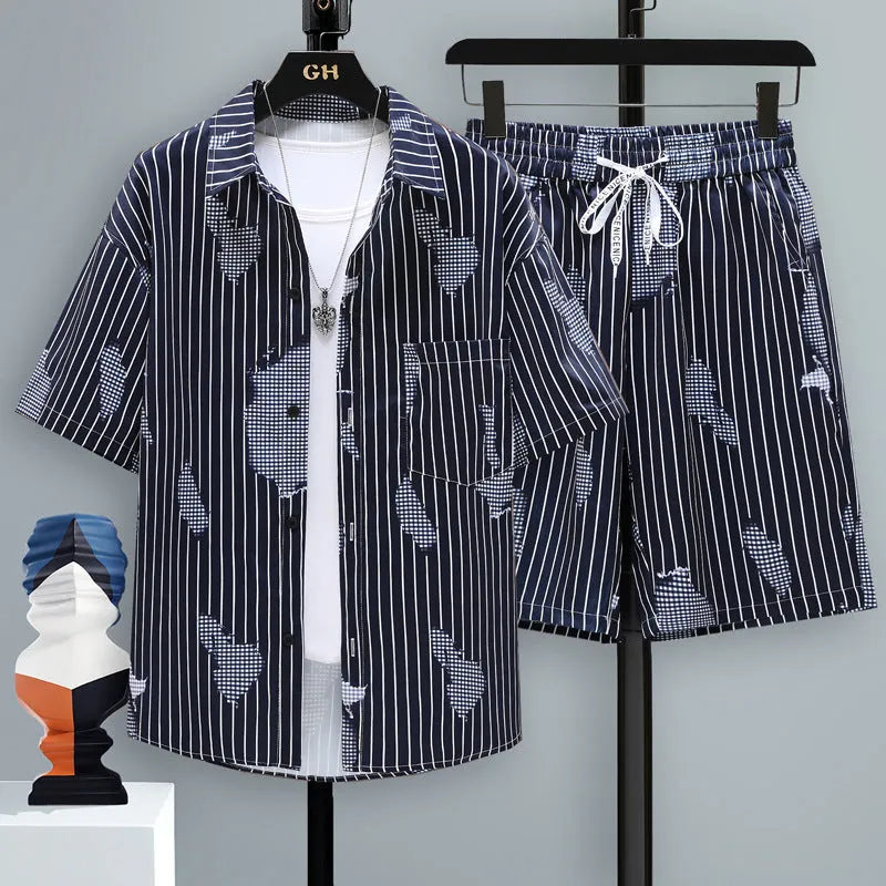 Men's casual sports two-piece set with short-sleeve top and matching shorts