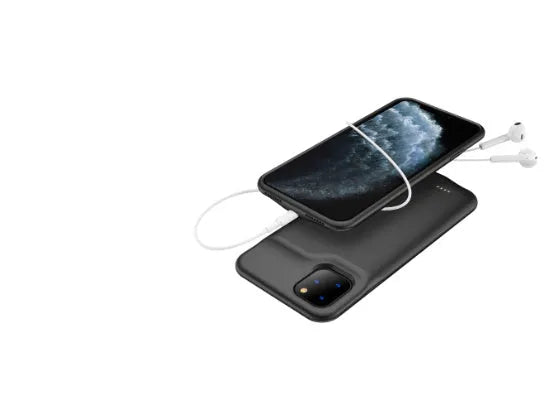 Shockproof silicone iPhone battery charger case shown in available colours: black, blue, pink, and white.