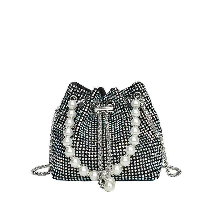 Black PU leather women's crossbody bag with diamond shoulder strap and chain detail