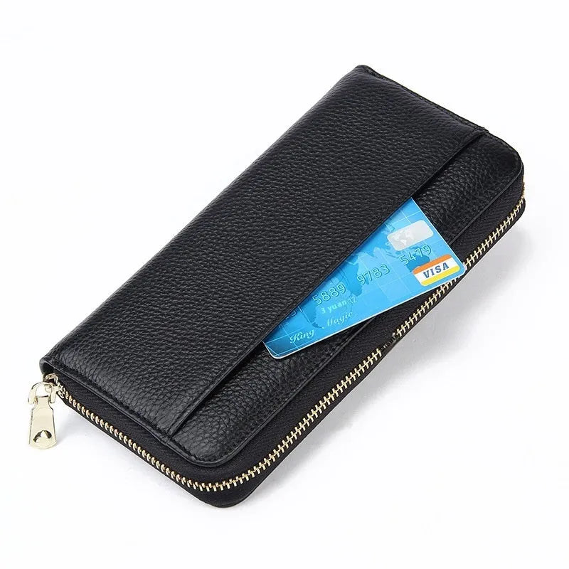 Genuine leather long wallet in six colour options showing large capacity and anti-theft card swiping function