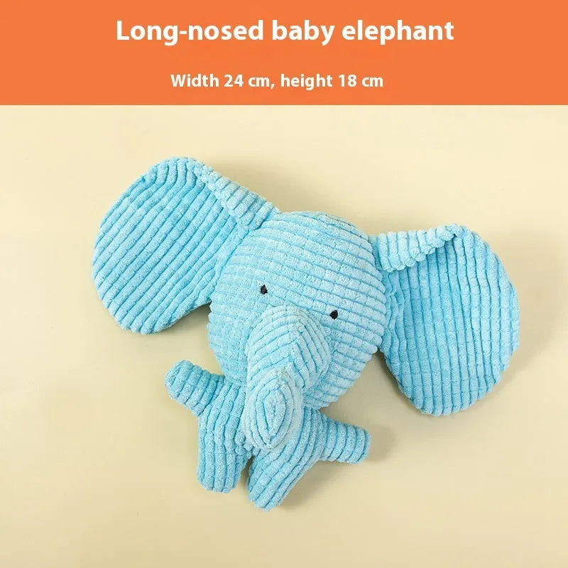 Bite-resistant puppy plush toy collection showing rechargeable duck, donkey, elephant, and dog styles