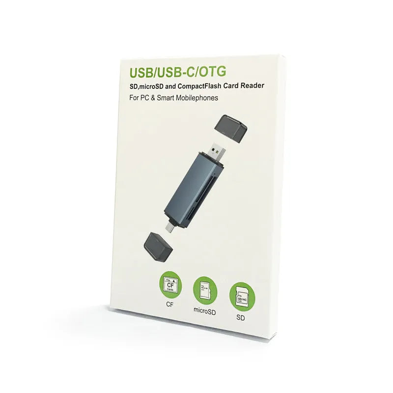 Compact aluminium alloy three-in-one card reader for CF, SD, and TF memory cards with USB and Type-C plugs.