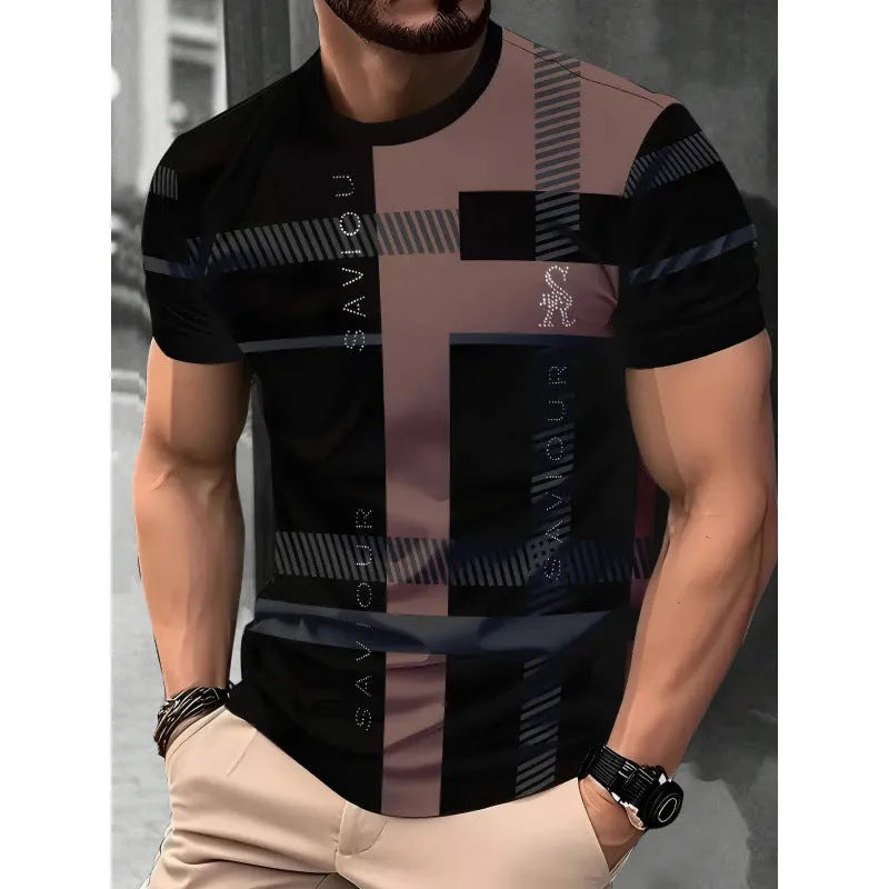 Men's loose fit short-sleeved t-shirt with digital 3D striped printing in casual style