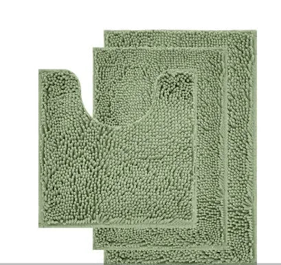 Chenille bathroom carpet three-piece set showing U-shaped toilet mat and two rectangular rugs in green.