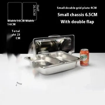 Stainless steel commercial dining plate display box with a removable lid and multiple inner compartments.