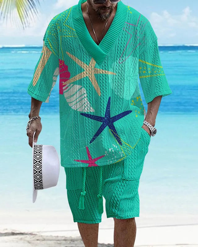 Loose casual short sleeve suit set in polyester fabric showing matching top and shorts